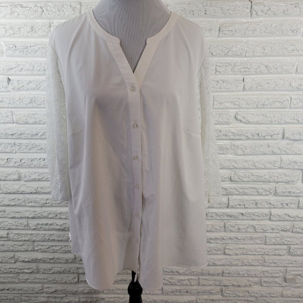 White Lace-Sleeve Button Front Women’s Top